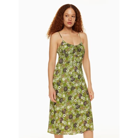 Aritzia WILFRED Bellow Green Floral Crepe Gathered Bust Midi Slip Dress, Size 2 - Picture 12 of 15